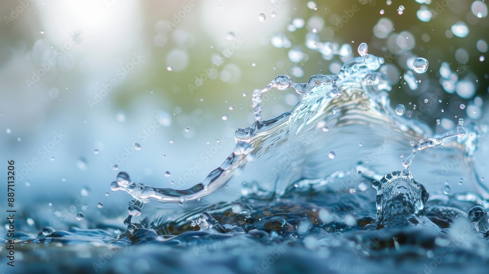 Poster a beautifully captured image of clear water splashing, with a background of bokeh highlights. the in