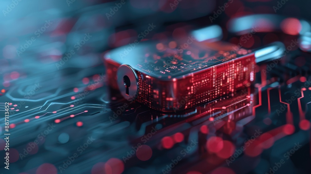 Poster a red lock placed on a glowing circuit board representing cybersecurity and protection of digital in