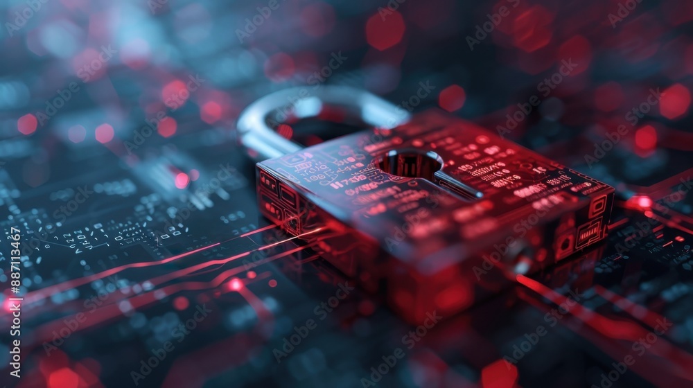 Poster a closely focused image of a digital padlock on an intricate circuit board that symbolizes the theme