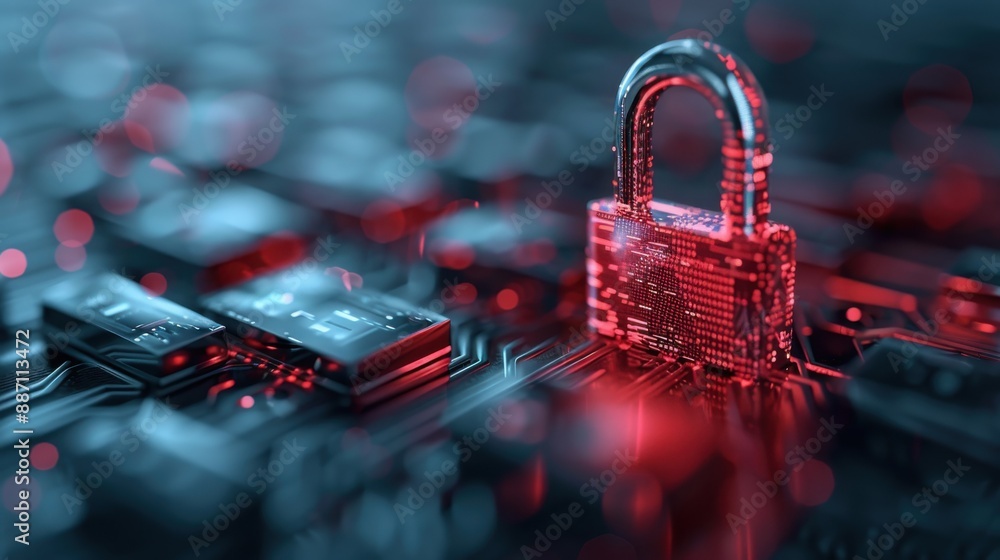 Poster a red padlock prominently placed on glowing red circuitry represents the concept of security in tech