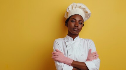 Professional chef in white uniform and hat on a yellow background. A young culinary expert stands confidently with crossed arms. Modern and minimalist portrait style for culinary themed content. AI