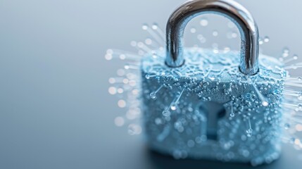 A durable padlock encrusted with icicles and frost, depicting a strong sense of protection, chill, and immovability as it stands against elements and unwanted access attempts.