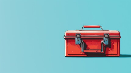 Obraz premium A compact red toolbox casting a shadow on a light blue background displays a minimalist design with secure latches, ideal for small tool storage and organization.