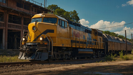 Obraz premium Vintage diesel train on railway tracks near a station with cargo wagons under the sky