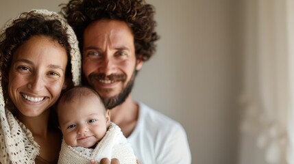 Fototapeta premium A delightful family portrait featuring two joyful parents wrapped in light knitted garments, holding and smiling at their cheerful baby while basking in a cozy setting.