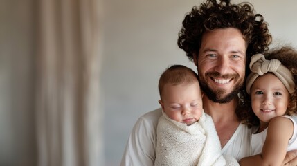 Fototapeta premium A father, with curly hair, smiling widely as he holds his sleeping baby wrapped in a white blanket and his young daughter with a hairband, radiating familial love.
