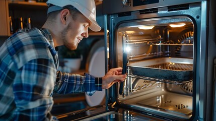 A worker wearing a hard hat and plaid shirt, placing a tray inside an open oven in a kitchen environment, showcasing safety and precision in action.