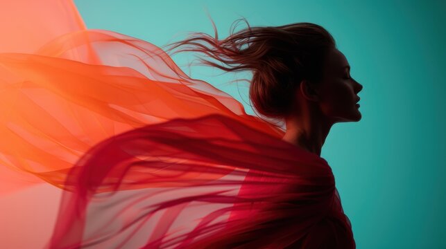 An artistic capture of flowing red fabric billowing dramatically against a striking teal background, showcasing a dynamic interplay of motion, color, and elegance.