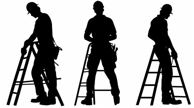 A series of silhouetted workers stand on ladders, each facing sideways, emphasizing repetition and uniformity, while conveying themes of consistency and effort.