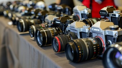 Fototapeta premium A collection of diverse modern cameras is artfully displayed on a table, illustrating the progress and variety in contemporary camera technology designed for photography enthusiasts.