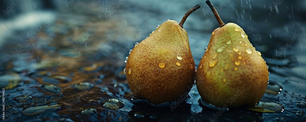 Wall mural Ripe pears arranged neatly on a wooden table.