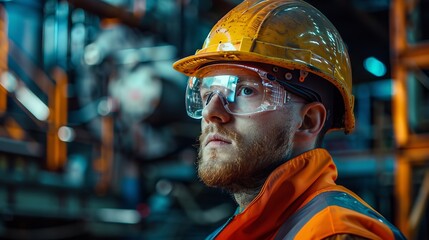 A focused worker wearing an orange hard hat in an industrial setting, emphasizing the importance of safety and protection in heavy-duty working environments.