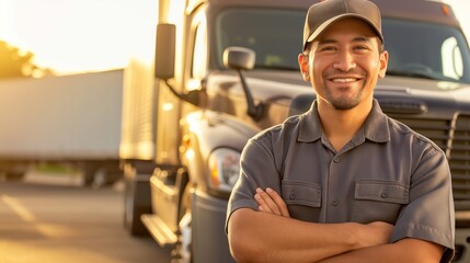 Smiling Truck Driver Standing with Crossed Arms in Front of SemiTruck, Transportation and Logistics Theme