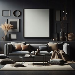 a living room with a couch, couch, and a large white picture.
