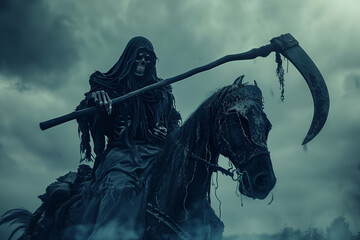 Naklejka premium Death, Horseman of the Apocalypse on a skeletal black horse with scythe in hand