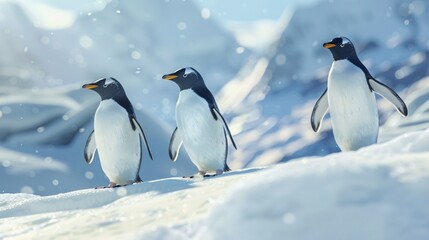 Obraz premium Penguins standing together on a snowy landscape.
