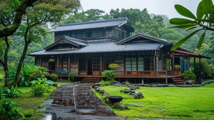 Fototapeta premium beautiful Japanese kiosk style house on a rainy day on a farm