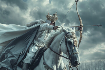 Conquest, Horseman of the Apocalypse riding a white horse with crown and armed bow