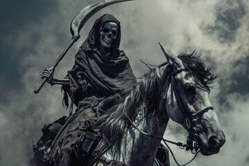 Death, Horseman of the Apocalypse riding a skeletal black horse brandishing a scythe