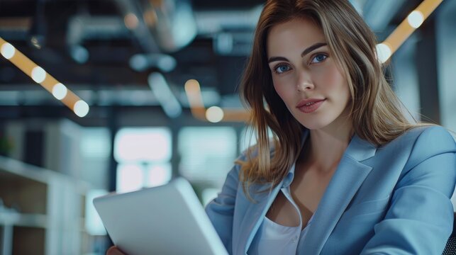 A nice-looking young Caucasian businesswoman in a blue outfit uses a tablet at her desk in a modern office, radiating professionalism and elegance
