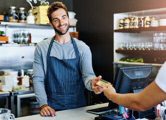 Coffee shop, waiter and man with credit card in payment for finance, transaction and purchase. Store, employee and smile with cashless banking for customer service, commerce and order at restaurant