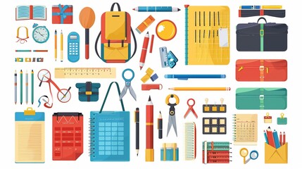 A detailed digital illustration featuring a wide range of colorful school supplies, including notebooks, pencils, pens, rulers, calculators, and office supplies, set against a white background.