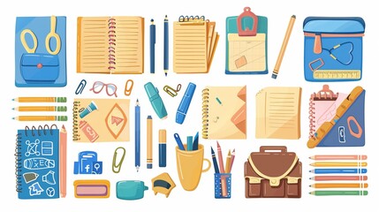 A flat lay image showcasing various school supplies, including notebooks, pens, pencils, a ruler, a briefcase, and other accessories in blue and beige tones, laid out on a white background.