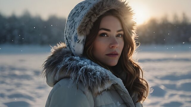 Winter's Grace, A Russian Beauty in the Snow wearing furr hoodie