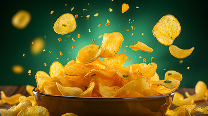 delicious potato chips with spices fly through the air (Generative AI)