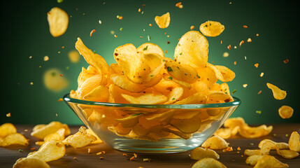 delicious potato chips with spices fly through the air (Generative AI)