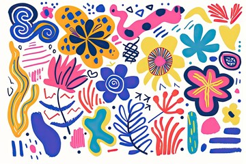 Fototapeta premium Whimsical colorful doodles with flowers, shapes, and swirls on white