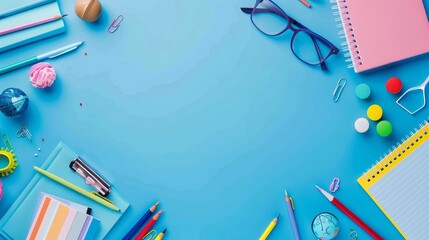 Various school and art supplies including pens, pencils, notebooks, and other colorful stationery items, artistically arranged on a blue background for a bright workspace setup.