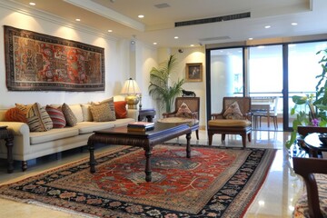 Elegant fusion of modern and traditional in an Indian living room with brass accents and ethnic rugs