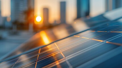 The image captures solar panels on a rooftop during a sunset in a cityscape, highlighting the blend of innovative technology with the beauty of the natural environment.