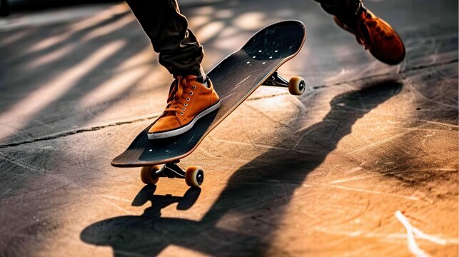 The image captures a person wearing orange sneakers performing a trick while riding a skateboard at a park, evoking themes of skill, balance, and motion.