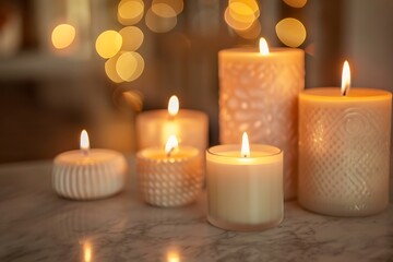 A selection of luxury candles on a marble surface, with soft, flickering light and a cozy, inviting background.