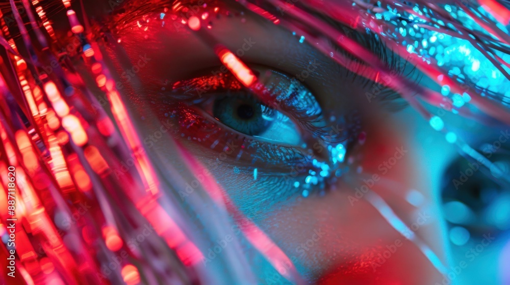 Poster a close-up of an eye with distinct red and blue fiber optic lights surrounding it, creating a captiv
