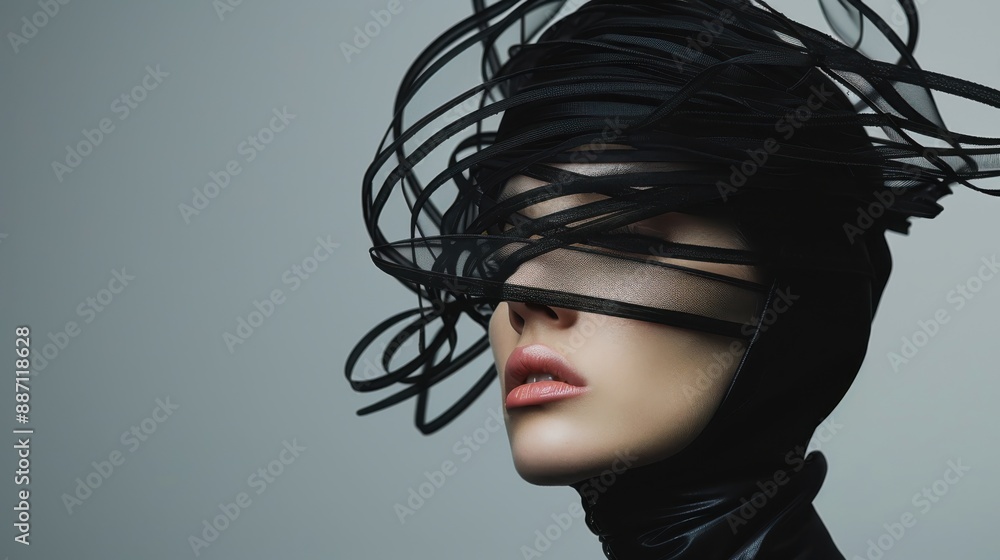 Poster an artistic photograph showing a person adorned with a unique headpiece composed of intertwining bla
