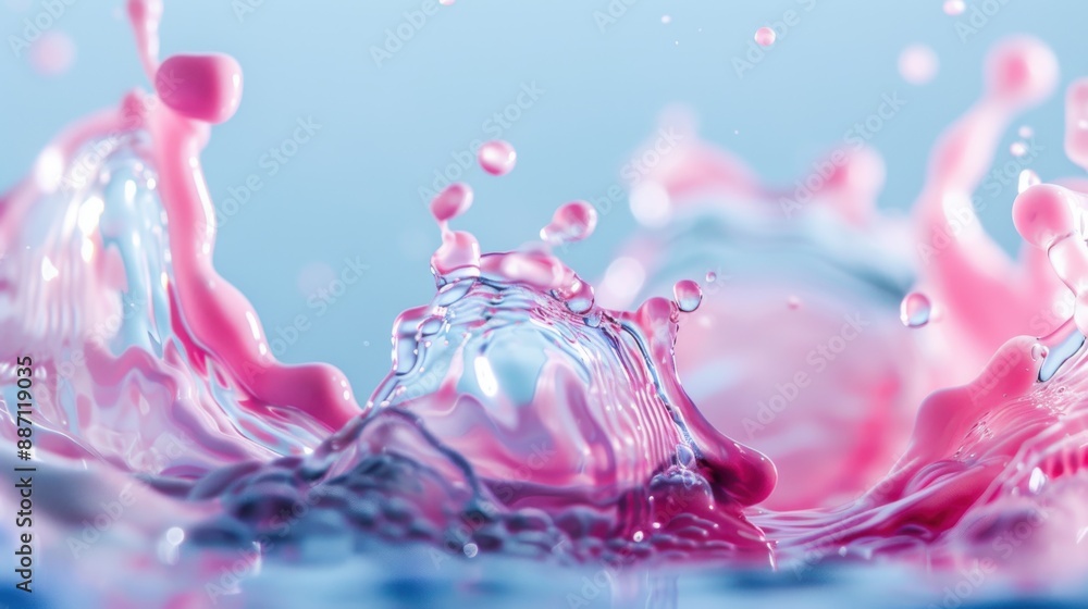 Poster this image showcases a stunning interaction of pink and clear liquids, creating dynamic splashes and