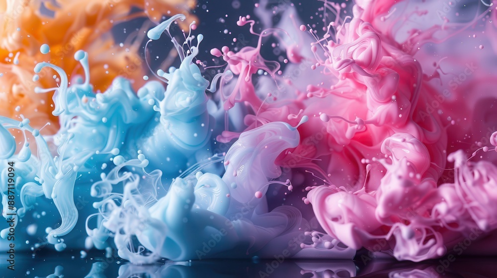 Poster a captivating artwork featuring a blend of pastel shades and dynamic paint splashes, creating a sere
