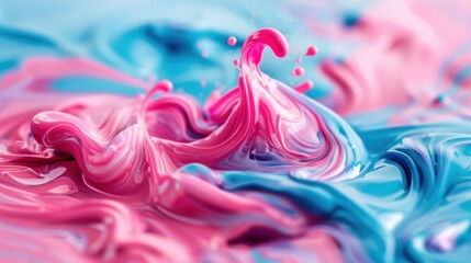 This image portrays a fluid mixture of vibrant blue and pink hues, swirling together in an artful dance, creating a highly dynamic and captivating visual experience.