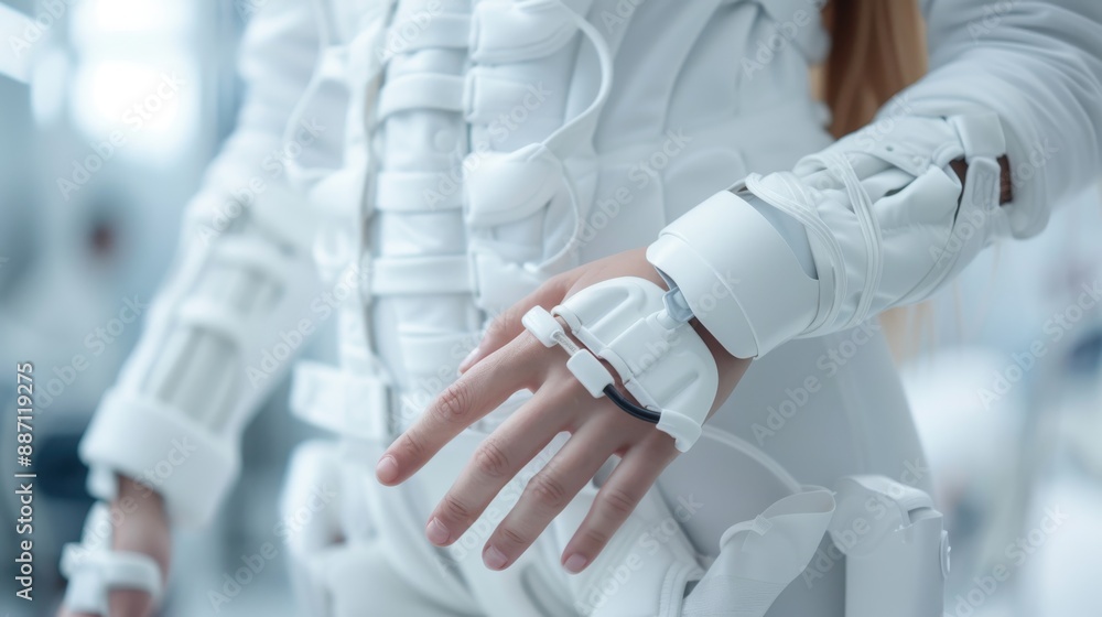 Poster a detailed close-up image showcasing a futuristic white exoskeleton arm structure, highlighting its 