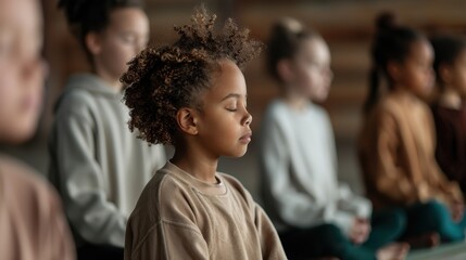 A serene scene featuring children meditating in a thoughtful indoor environment. The room exudes peace and focus, contributing to mindfulness and connection.