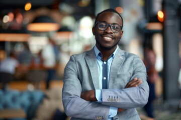 Fototapeta premium Smiling African Businessman in Suit with Arms Crossed, Professional Portrait, Corporate Website