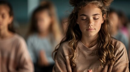 Fototapeta premium A young girl with closed eyes meditates peacefully in a classroom setting, surrounded by other children, illustrating focus, tranquility, and mindfulness during school time.