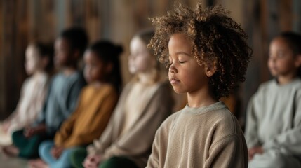 Fototapeta premium A peaceful child with curly hair meditates with eyes closed in a calm classroom environment alongside other meditative children, demonstrating inner peace and focus.