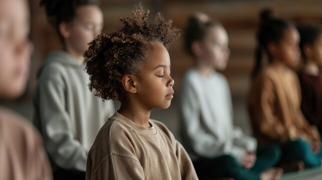 A serene scene featuring children meditating in a thoughtful indoor environment. The room exudes peace and focus, contributing to mindfulness and connection.