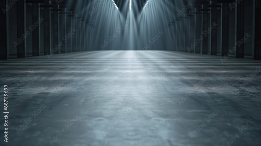 Poster an empty runway illuminated by bright spotlights from above, creating a pathway of light that emphas
