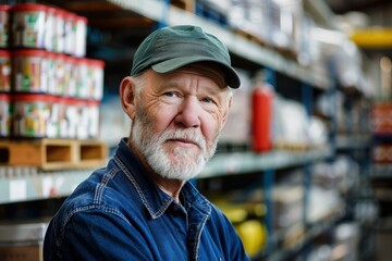 Senior Caucasian Warehouse Worker in Blue Shirt and Green Cap - Industrial Photography