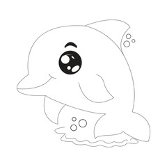 Cute Cartoon Dolphin Line Art For Kids Coloring Page.